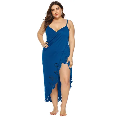 Hot Print Pattern Hollow Out Beach Cover Irregular Spaghetti strap Dress Blue - Shop at LoveMi