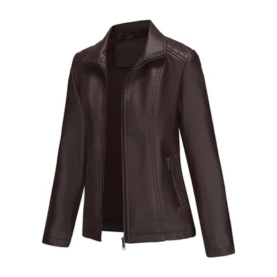 Women's Leather Jacket Knitted Stitching Stretch Coat Brown - Shop at LoveMi