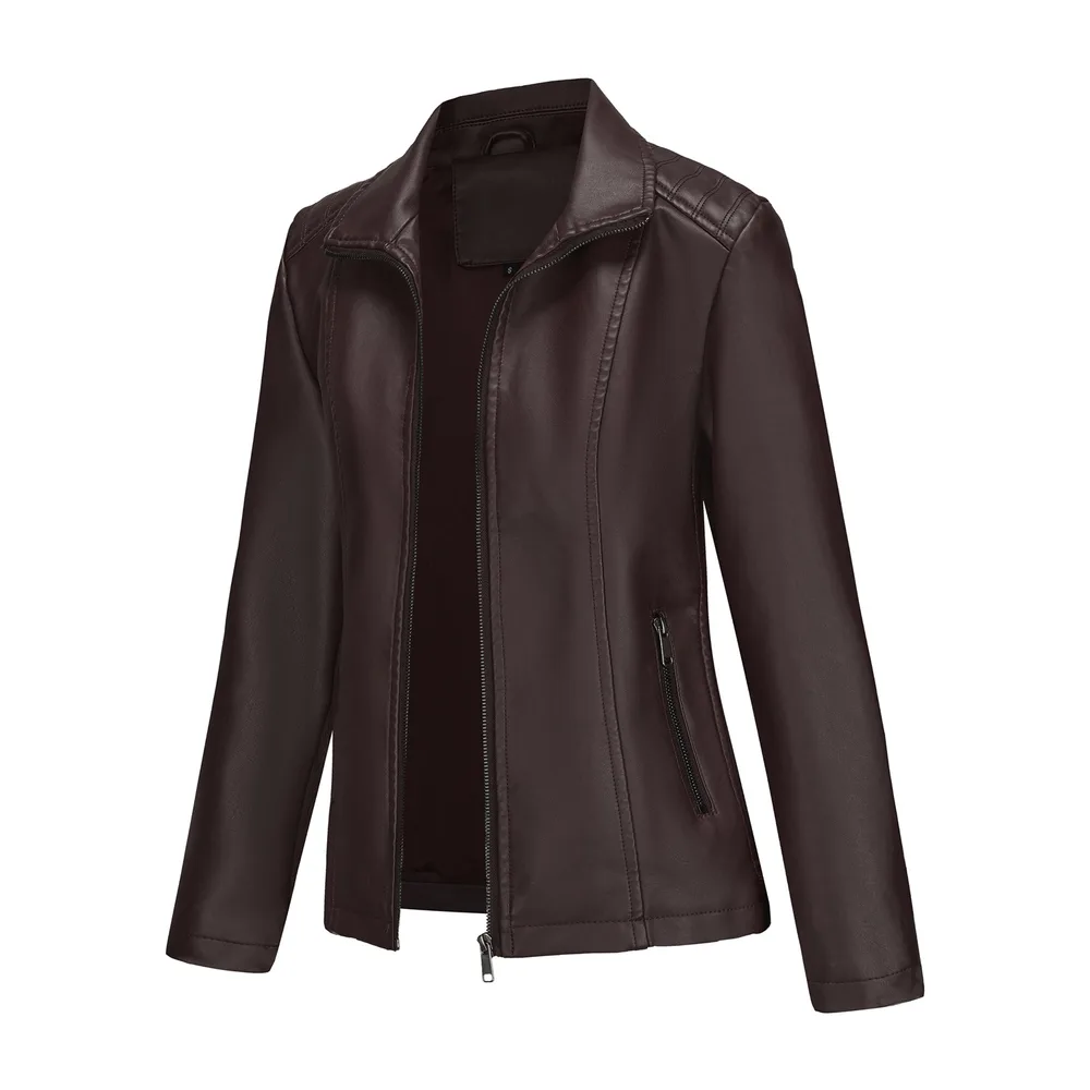 Women's Leather Jacket Knitted Stitching Stretch Coat - Brown - View 1