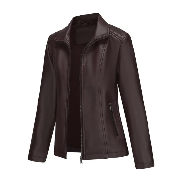 Women's Leather Jacket Knitted Stitching Stretch Coat Brown - Shop at LoveMi