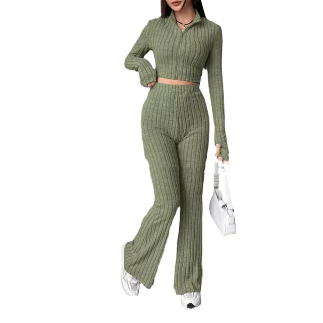 Solid Color Knitted Long Sleeve Turtlenecks Wide Leg High Waist Trousers Suit Army Green - Shop at LoveMi
