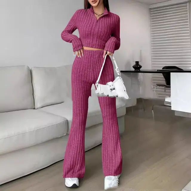 Solid Color Knitted Long Sleeve Turtlenecks Wide Leg High Waist Trousers Suit Rose Red - Shop at LoveMi
