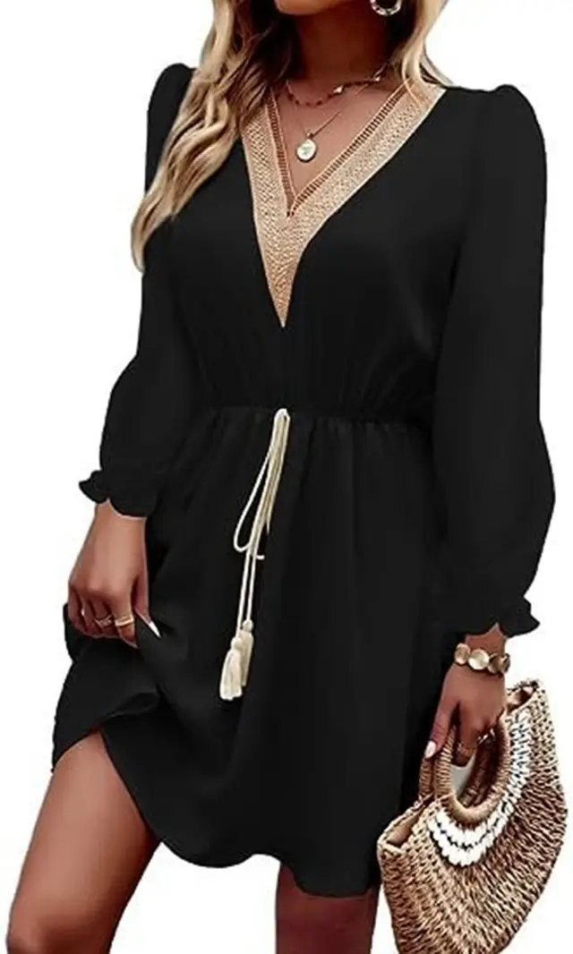 Solid Color Long Sleeve Lace V neck Tight Waist Dress Black - Shop at LoveMi