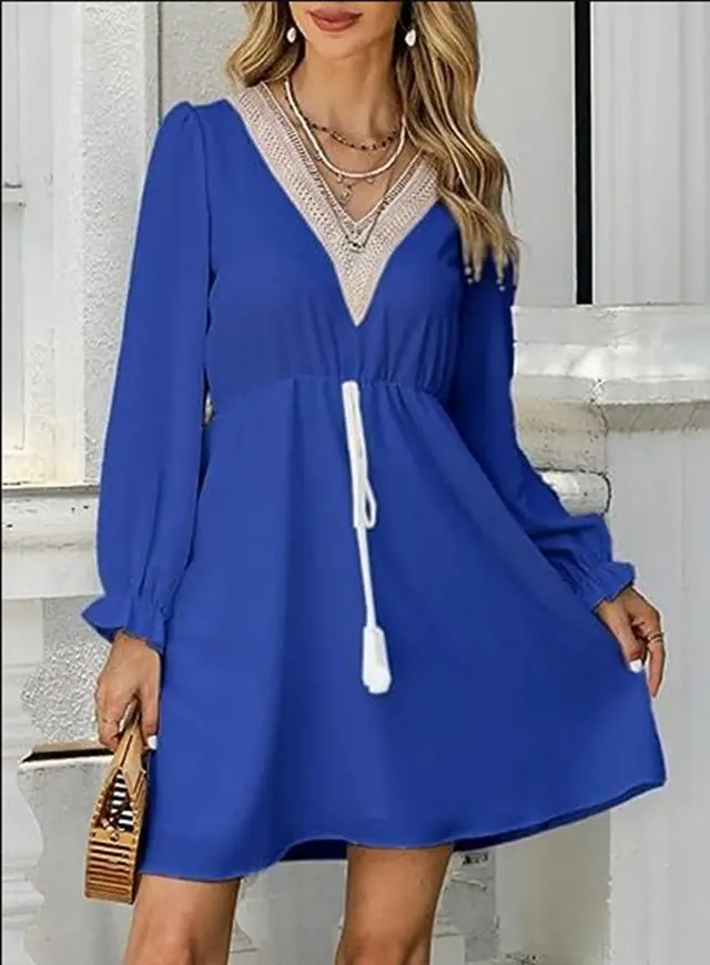 Solid Color Long Sleeve Lace V neck Tight Waist Dress Blue - Shop at LoveMi