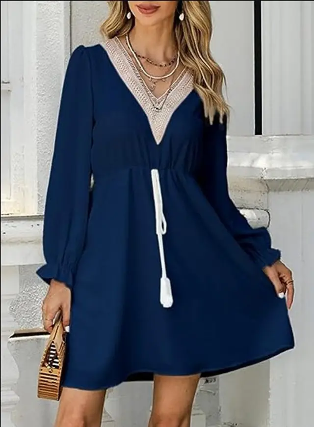 Solid Color Long Sleeve Lace V neck Tight Waist Dress Dark Blue - Shop at LoveMi