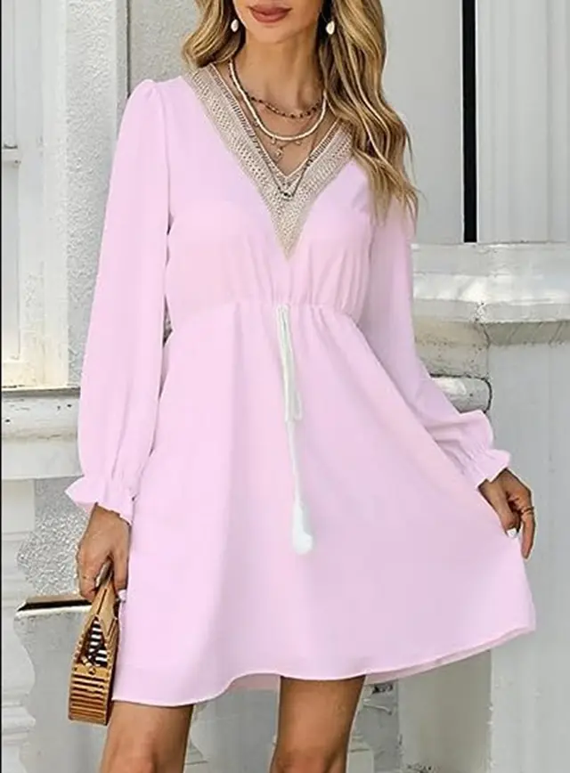 Solid Color Long Sleeve Lace V neck Tight Waist Dress Pink - Shop at LoveMi