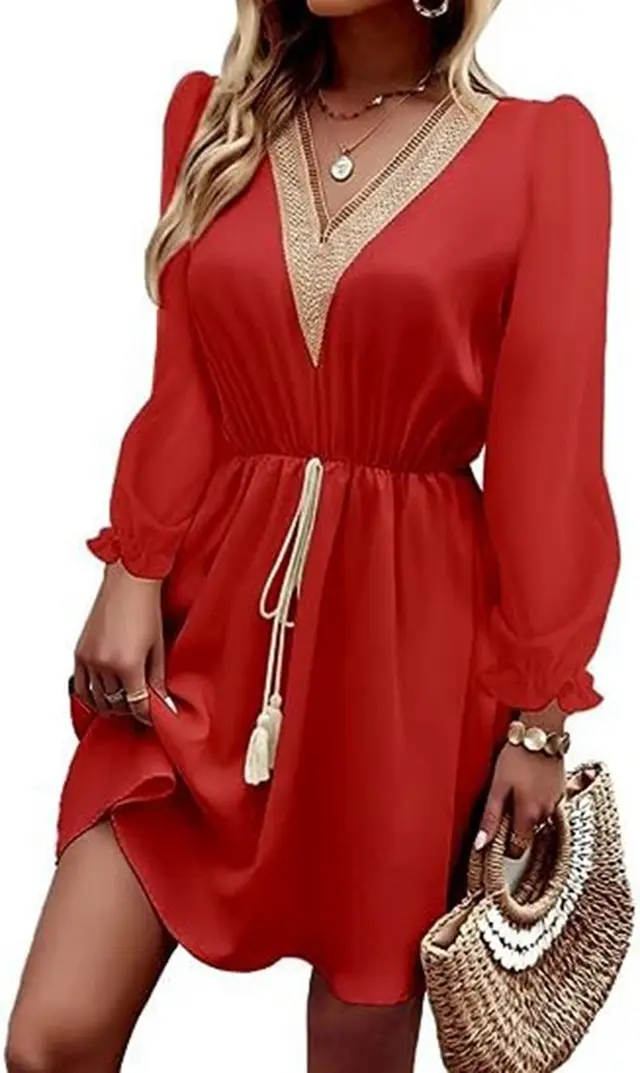 Solid Color Long Sleeve Lace V neck Tight Waist Dress Red - Shop at LoveMi