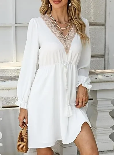 Solid Color Long Sleeve Lace V neck Tight Waist Dress White - Shop at LoveMi
