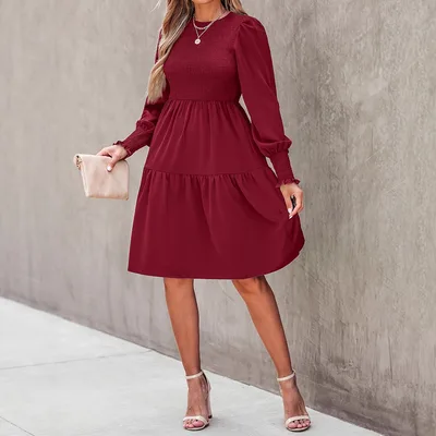 Round Neck Ruffled Lantern Sleeves Long Sleeve Dress Wine Red - Shop at LoveMi