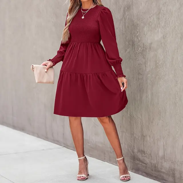 Round Neck Ruffled Lantern Sleeves Long Sleeve Dress Wine Red - Shop at LoveMi