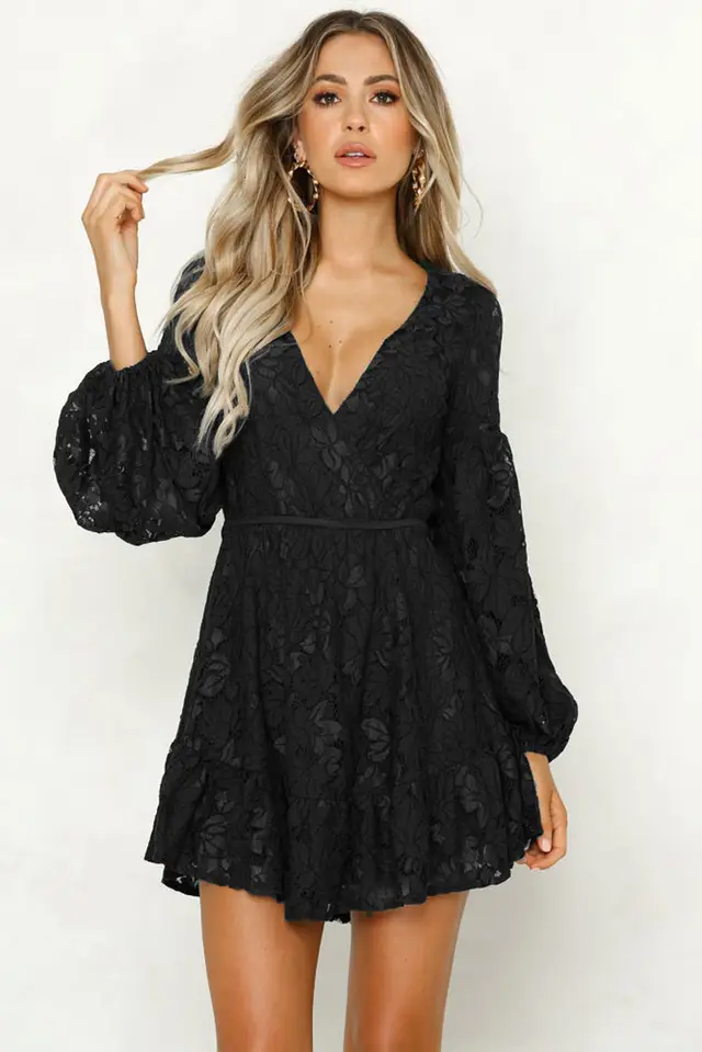Backless V neck Lantern Sleeve Lace Dress Black - Shop at LoveMi