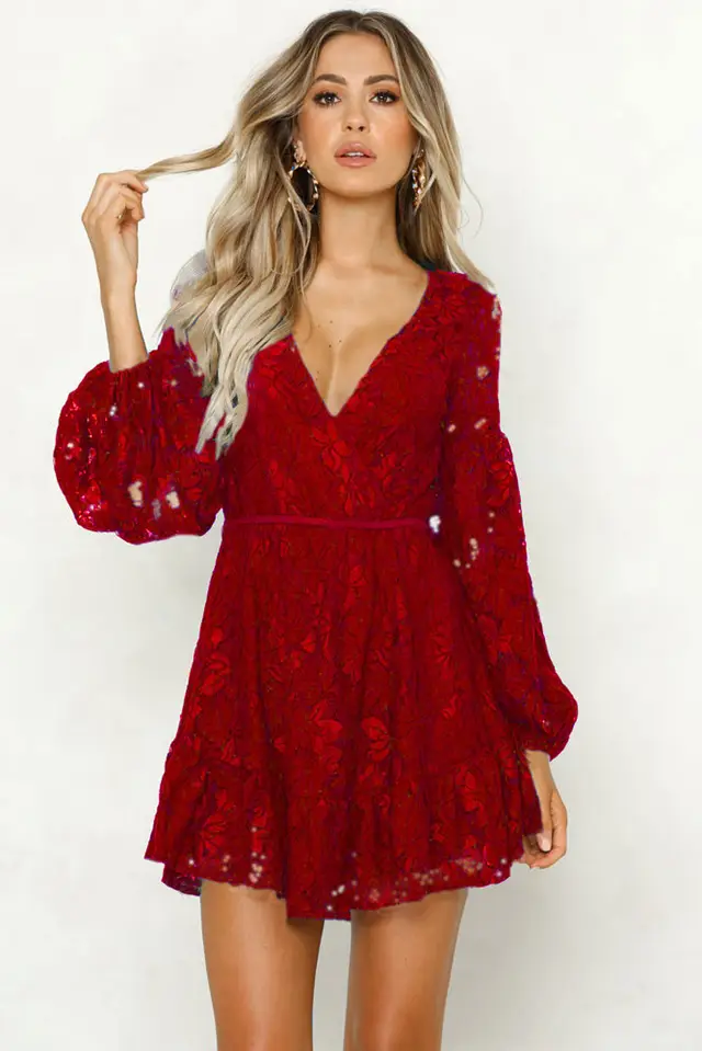 Backless V neck Lantern Sleeve Lace Dress Wine Red - Shop at LoveMi