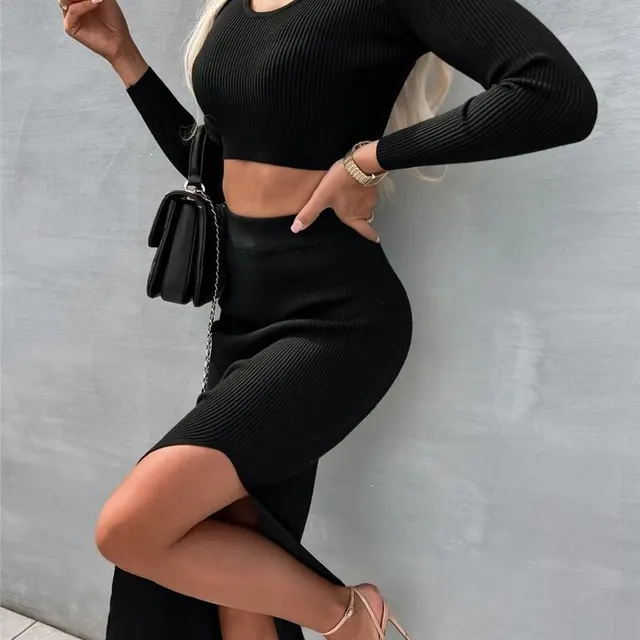 Solid Color Knitted Long sleeve Suit Half length Slit Sheath Skirt Two Pieces Black - Shop at LoveMi