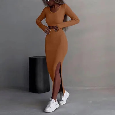 Solid Color Knitted Long sleeve Suit Half length Slit Sheath Skirt Two Pieces Brown - Shop at LoveMi