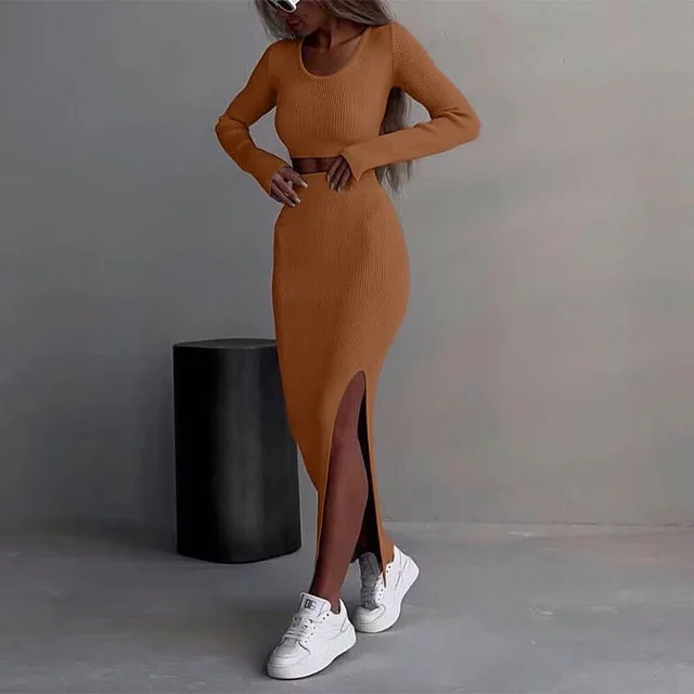 Solid Color Knitted Long sleeve Suit Half length Slit Sheath Skirt Two Pieces Yellowish Brown - Shop at LoveMi