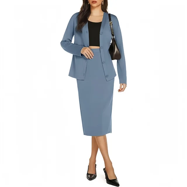 Mid length Dress Fashion Casual Wear Long sleeved Cardigan With Suit Gray Blue - Shop at LoveMi