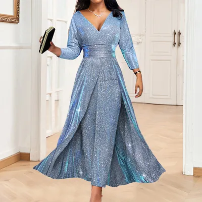 Banquet Dress Double sided Sequined Large Skirt Tube Top Sexy Fashion Jumpsuit Blue - Shop at LoveMi