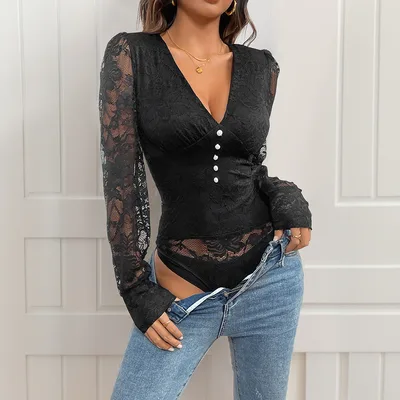 Sexy Retro Elegant Style Deep V neck Lace Long Sleeve Jumpsuit Black - Shop at LoveMi