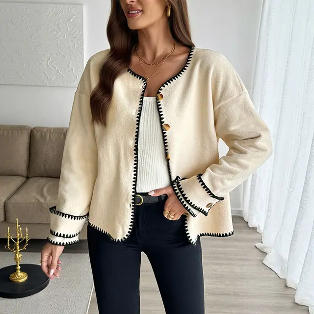 Color contrasting Stripe Cardigan European And American Ladies Loose Polar Fleece Crew Neck Coat Apricot - Shop at LoveMi