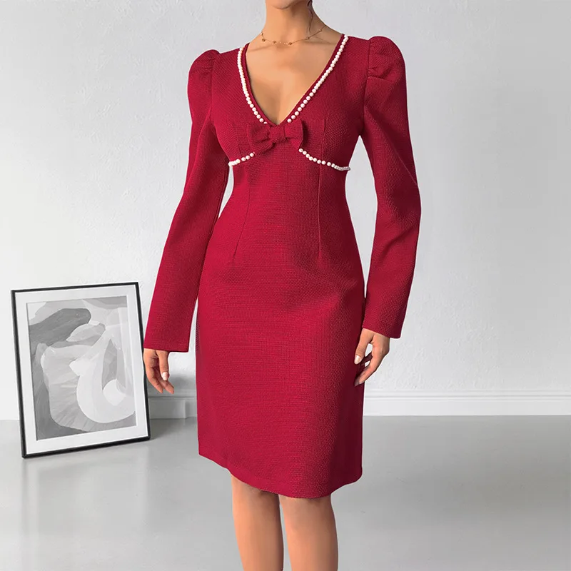 Sexy Sweet Retro Bow Pearl Decoration Deep V-neck Red Dress - Red - View 1