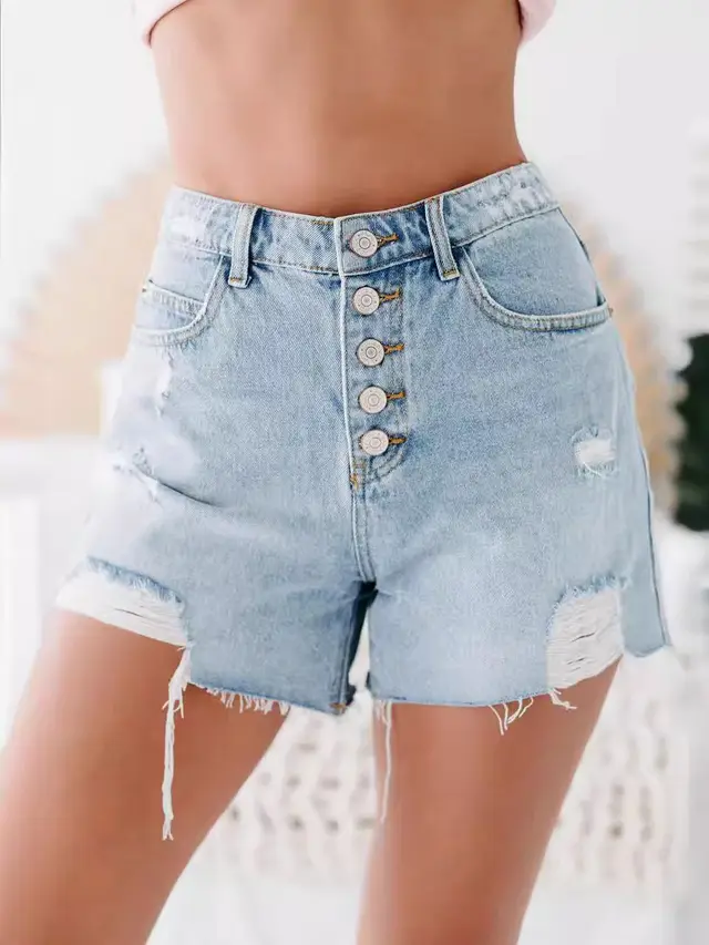 Fashion Casual Ordinary Water Washed Hole Raw Edge Denim Shorts Light Blue - Shop at LoveMi
