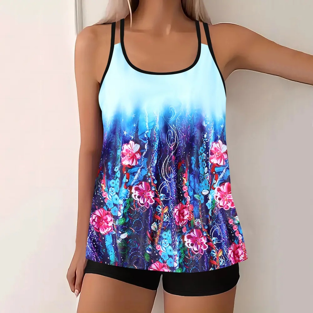 Women's European And American-style Split Plus Size Printed Swimsuit - Blue - View 1