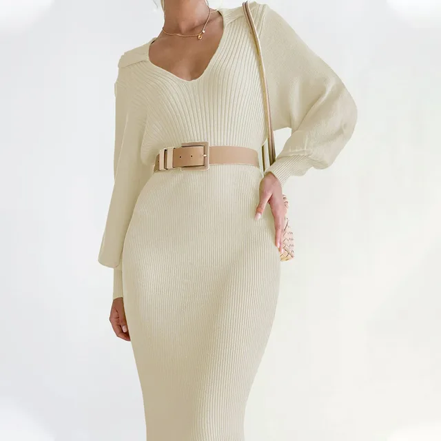 Elegant Retro Lightly Mature Lantern Sleeve V neck Solid Color Knitted Sweater Dress Beige Apricot - Shop at LoveMi