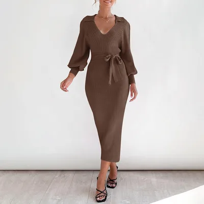 Elegant Retro Lightly Mature Lantern Sleeve V neck Solid Color Knitted Sweater Dress Coffee Brown - Shop at LoveMi