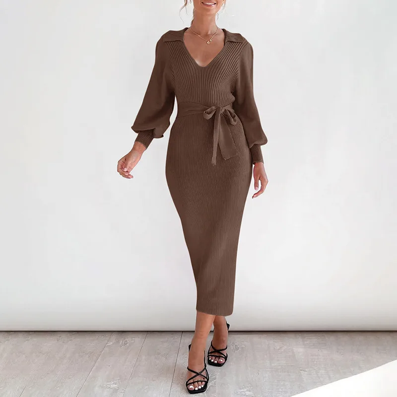 Elegant Retro Lightly Mature Lantern Sleeve V-neck Solid Colour Knitted Sweater Dress - Coffee Brown - View 1
