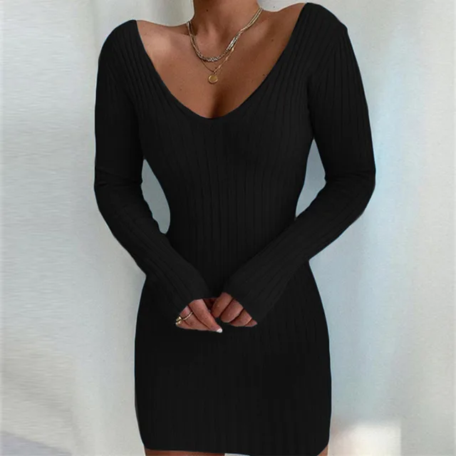 V neck Slim fit Long Sleeve Knitted Dress Black - Shop at LoveMi