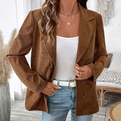 European And American Autumn And Winter Women's Solid Color Corduroy Suit Jacket Women Coffee - Shop at LoveMi