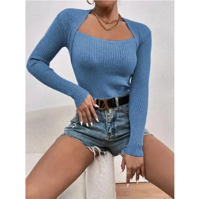 Women's Slim fit Long sleeved Knitted Bottoming Shirt Blue - Shop at LoveMi