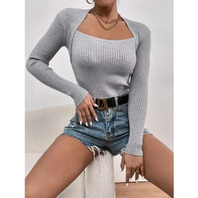 Women's Slim fit Long sleeved Knitted Bottoming Shirt Gray - Shop at LoveMi