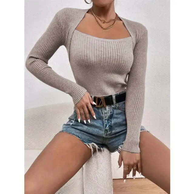 Women's Slim fit Long sleeved Knitted Bottoming Shirt Khaki - Shop at LoveMi