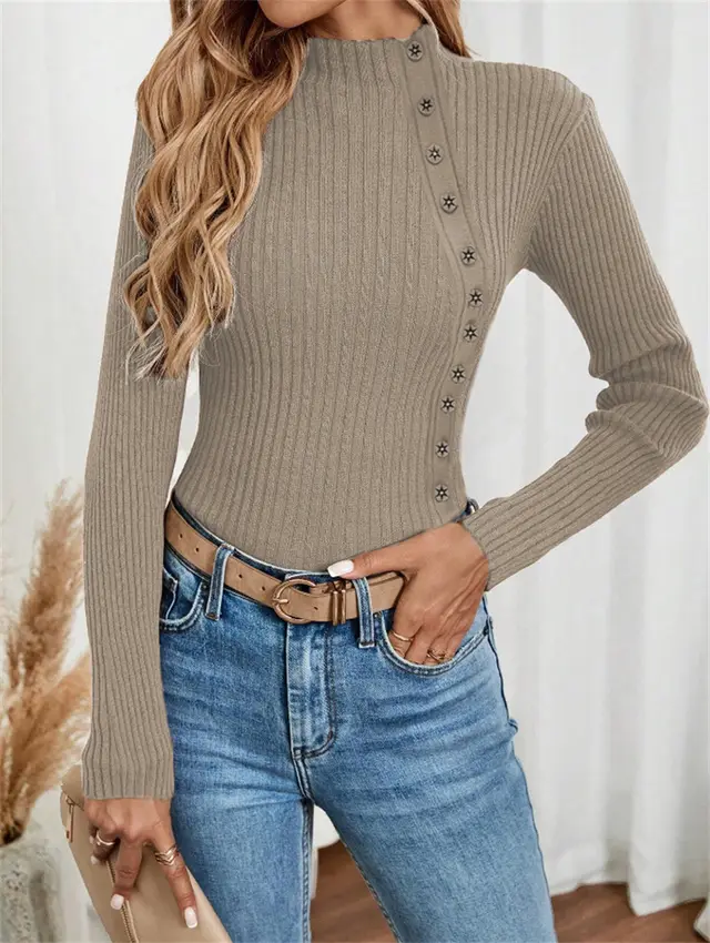 Slim fit Buttoned Knitted Sweater For Women Khaki - Shop at LoveMi