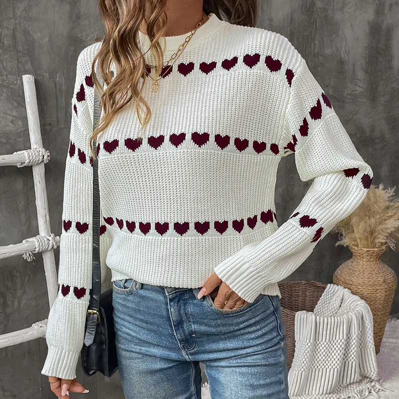 Sweet Cute Casual Dating Long Sleeve Love Sweater For Women - Red - View 1