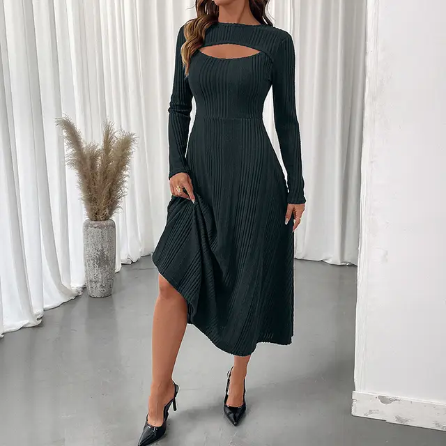 Elegant Commute Style Sexy Cutout Round Neck Slim Fit Dress Dark Gray - Shop at LoveMi