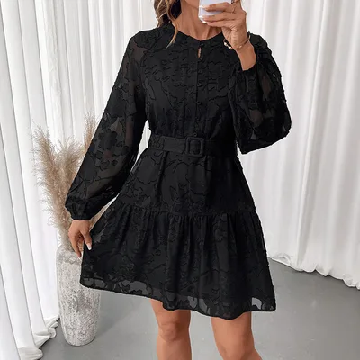European And American Long Sleeve Elegant Jacquard Dress Black - Shop at LoveMi