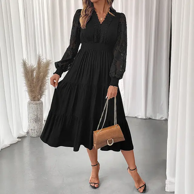 Sweet Elegant Style V neck Tight Waist Lace Long Sleeve Solid Color Dress Women Black - Shop at LoveMi