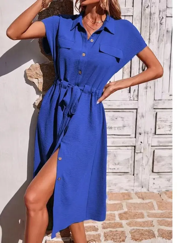Comfortable Blouse Collar Waist Tight Waist Dress Women Blue - Shop at LoveMi