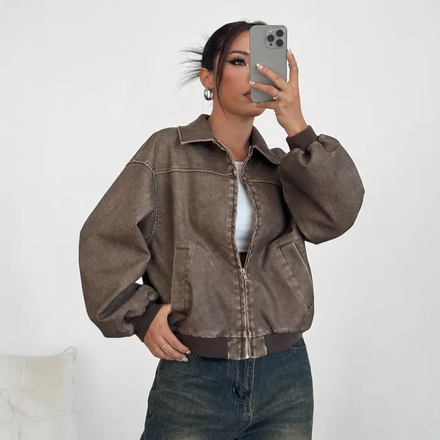 American style Distressed Long Sleeve Leather Jacket Top Coffee - Shop at LoveMi