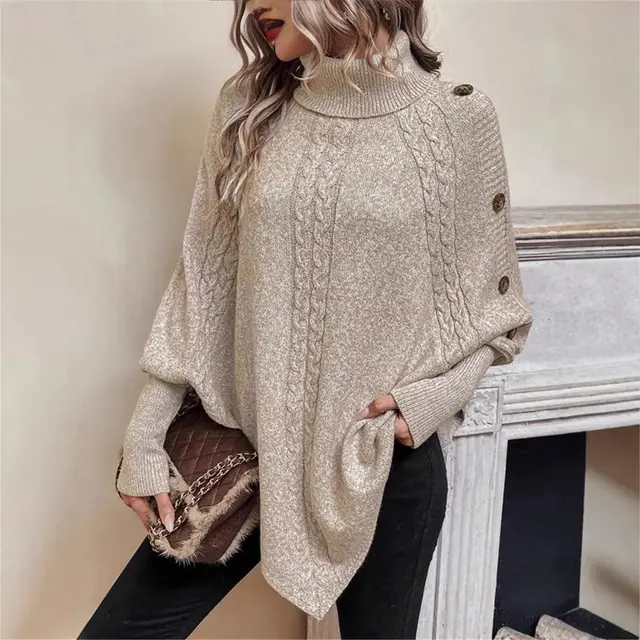 Turtleneck Buttons Decorative Long Sleeve Batwing Shirt Khaki - Shop at LoveMi