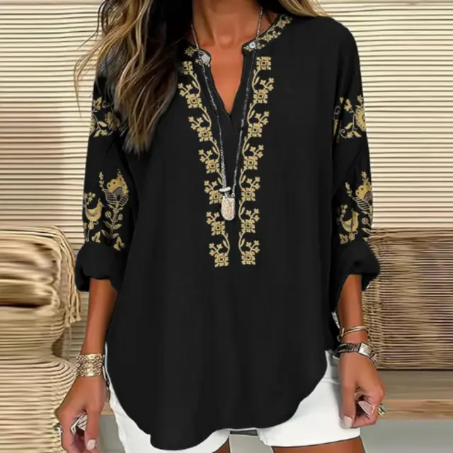 Women's Vintage Ethnic Floral Linen V neck Shirt Black - Shop at LoveMi