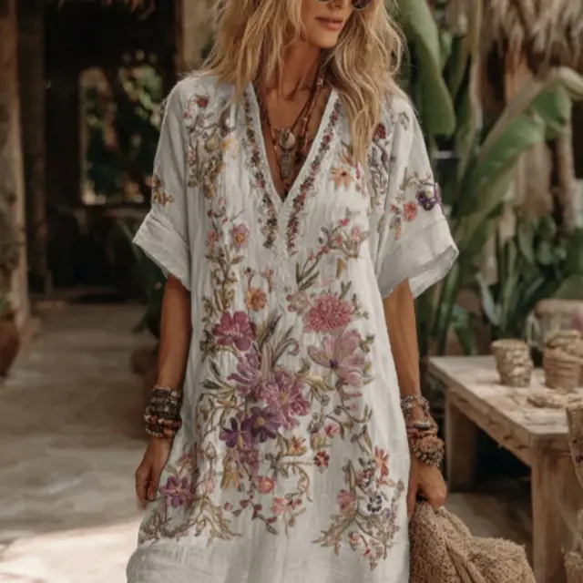 Women's Floral Art V Neck Comfy Midi Dress White - Shop at LoveMi