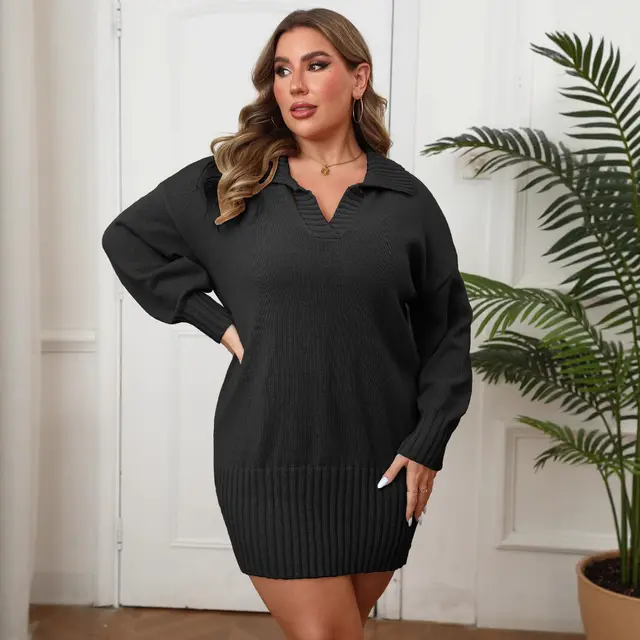Plus Size Women's Polo Collar Hip Woven Dress Sweater Black - Shop at LoveMi