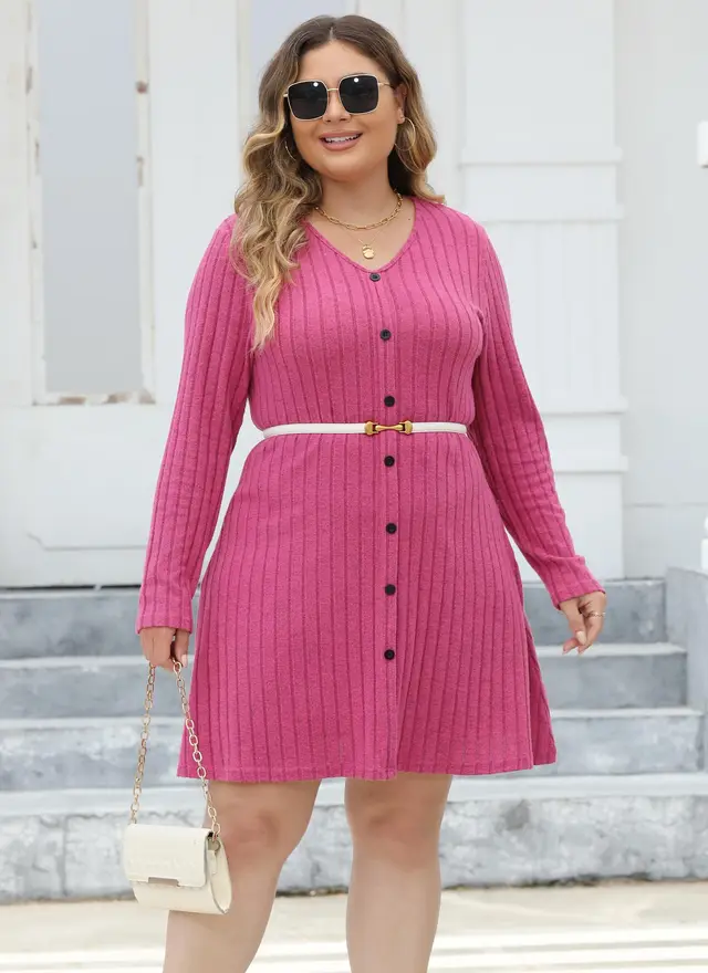 Women's Plus Size Button Deep V Stripe Dress Rose Red - Shop at LoveMi