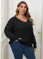 Plus Size Women's Pineapple Sleeve Stitching Deep V Woven Leisure Pullover Sweater - Black