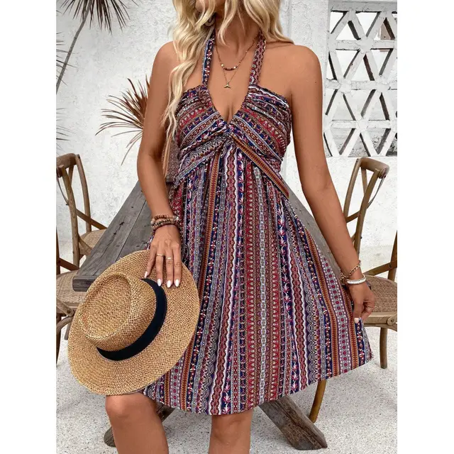 Elegant Retro Floral Print Backless Halter Beach Dress Red Stripes - Shop at LoveMi