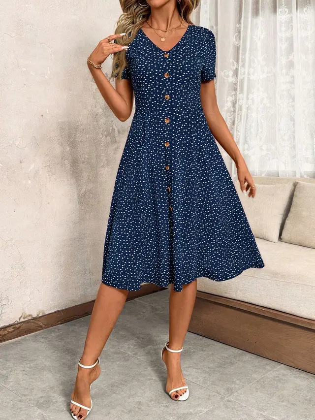 Fashion Sexy Polka Dot Women's Clothing Dress Navy Blue - Shop at LoveMi