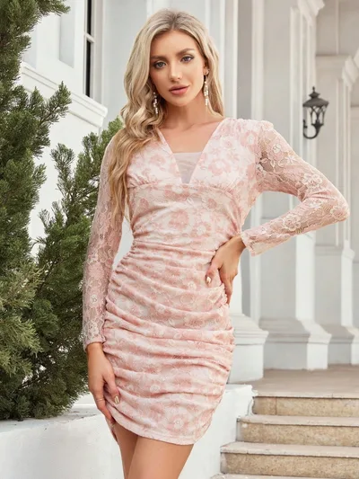 Sexy Elegant Lace Stitching Printing Hip Fold Dress Apricot Beige - Shop at LoveMi